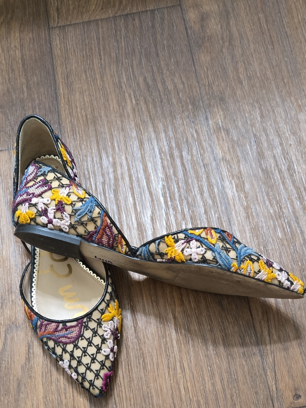 Sam Edelman Floral Embroidered Pointed D'Orsay Flats in Pink, Blue & Yellow - Picture 3 of 6
